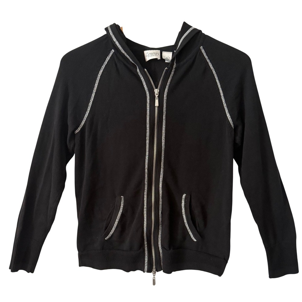 Zenergy by Chicos Sz S Black Cotton Knit Full Zip Hoodie Silver Stitching Casual
